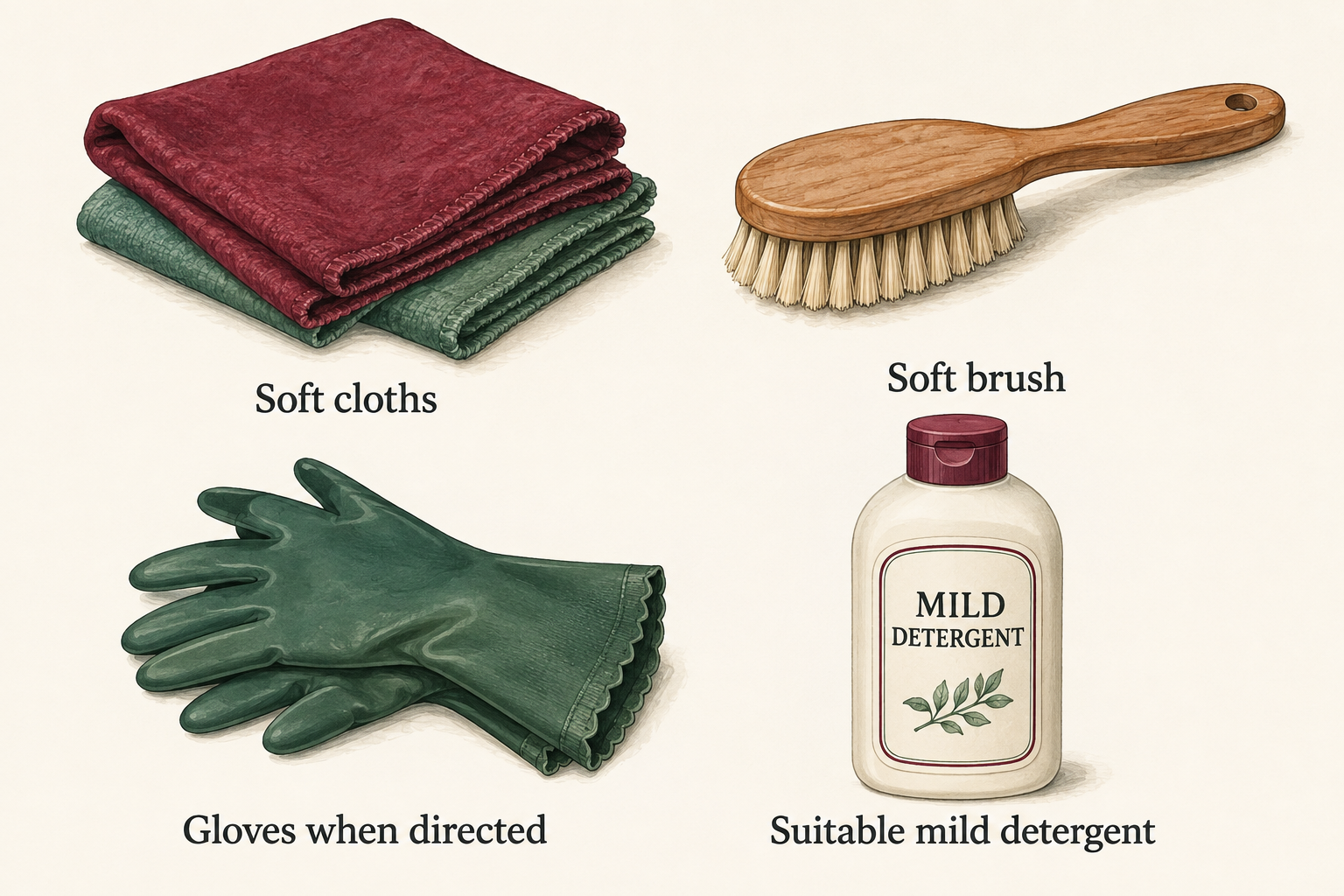 Four illustrated cleaning-kit essentials: soft cloths, a soft brush, gloves when directed, and a suitable mild detergent.