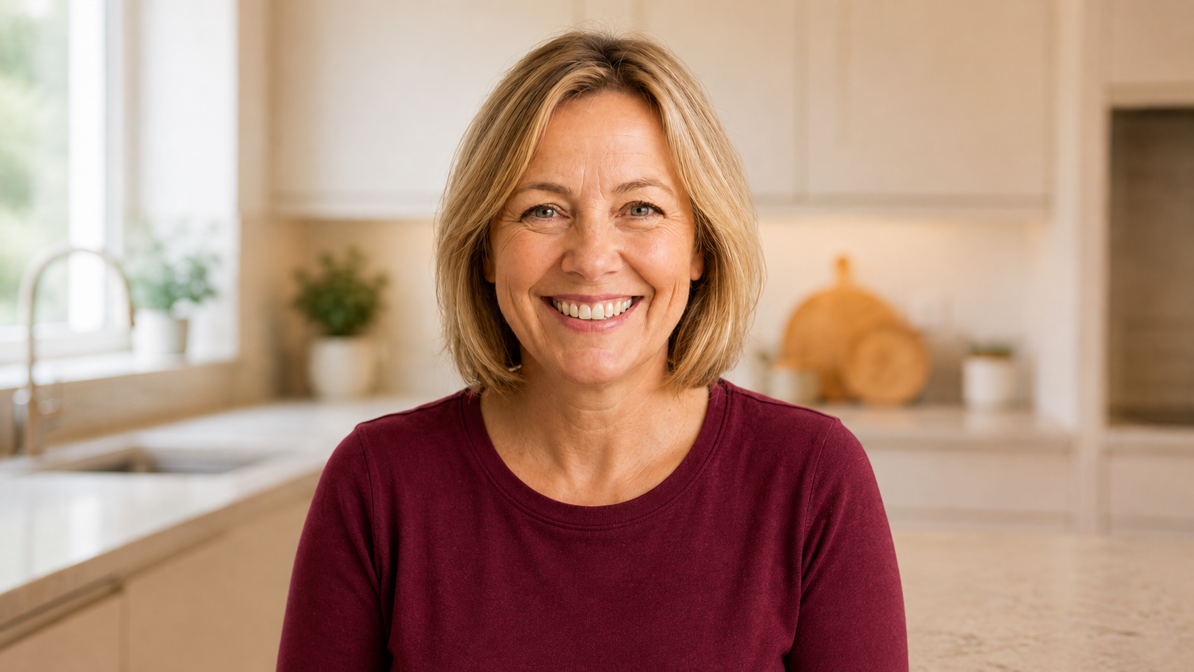 Nora smiling in a bright home kitchen